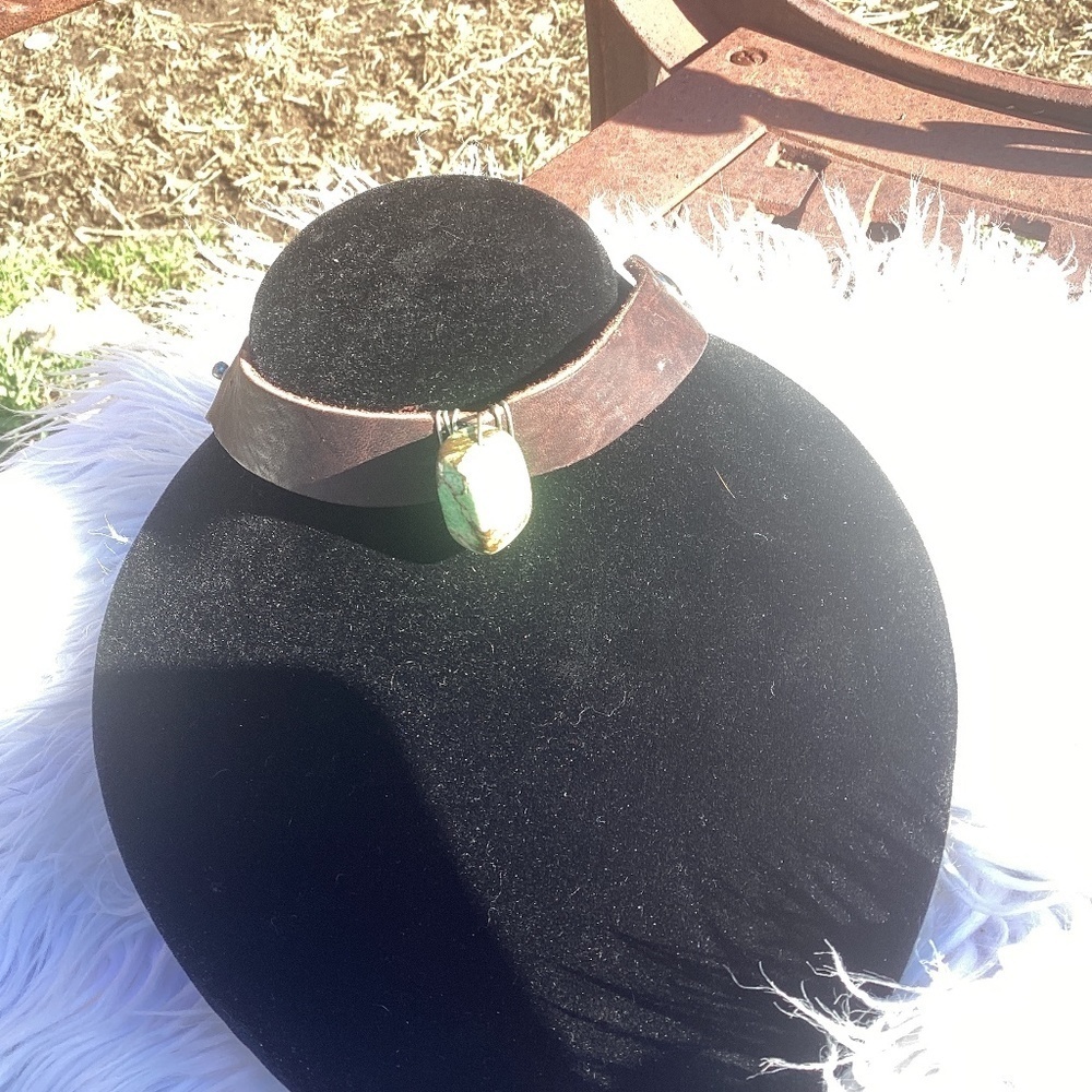 Boho Brown Leather Snap Close Bracelet Large Turquoise Stone As Center Piece